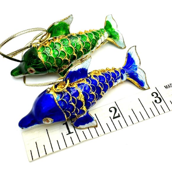 Dolphin Ornament Chinese Cloisonne Feng Shui Dolphin Blue Green Lucky Copper 2 - Picture 1 of 10